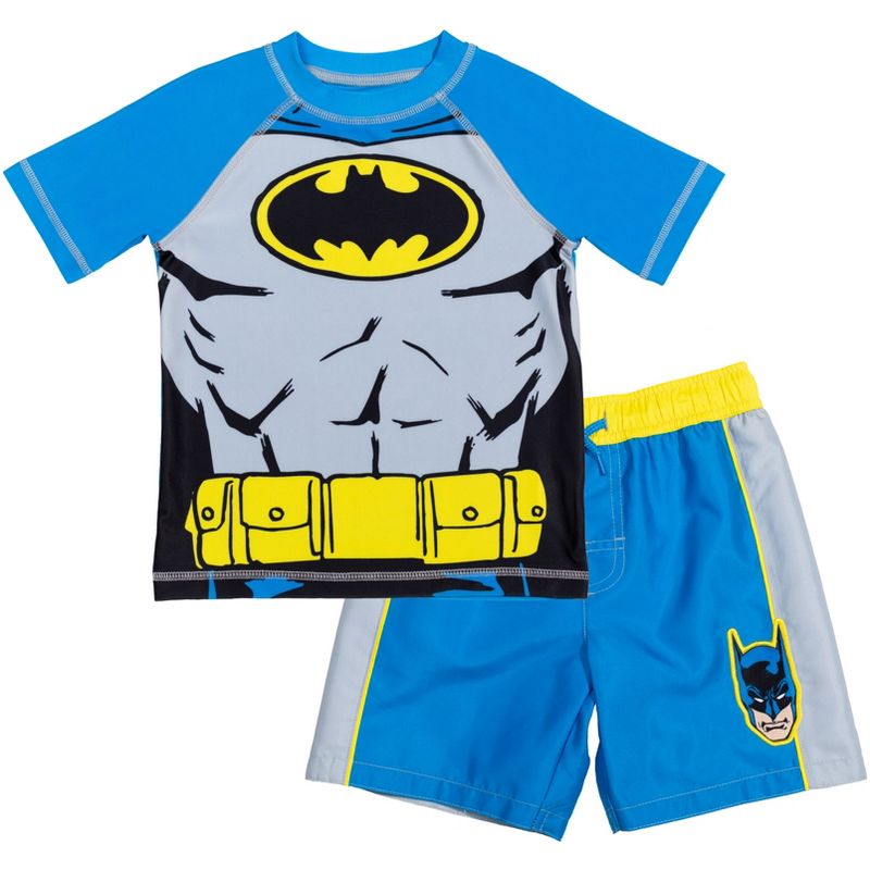 DC Comics Justice League Batman Toddler Boys Rash Guard and Swim Trunks Outfit Set, 1 of 8