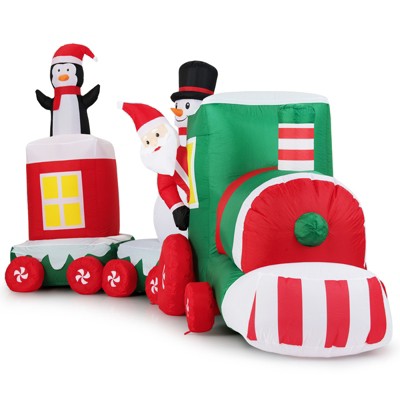 Tangkula 11.5 Ft Outdoor Christmas Inflatable Train Blow up Xmas Train Decoration w/ Santa Multicolor
