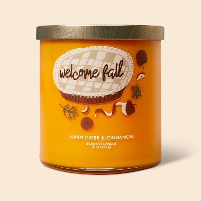 15oz 2-Wick Glass Jar 'Welcome Fall' Warm Cider & Cinnamon Candle Dark Mustard Yellow - Spritz™
