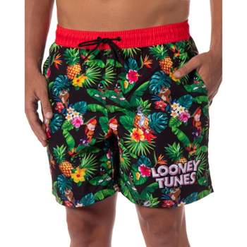 Looney Tunes Mens' Tropical Print Character Swim Trunks Bathing Suit Multicolored