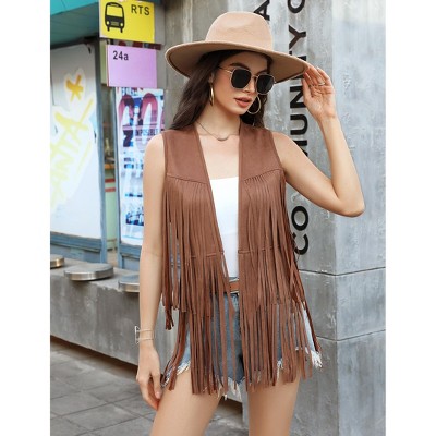Женские жилеты YesFashion Womens Fringe Vest 70s Hippie Costume Sleeveless Cowgirl Western Faux Suede Tassel Leather Outerwear — фото 2