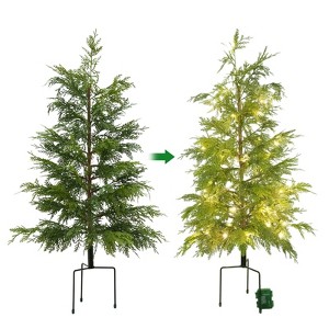 Artificial Cedar Topiary Tree Set of 2, Faux Pine Tree Plant Ground Stake, Fake Evergreen Cypress Tree for Home Office Decor, Housewarming Gift - 1 of 4
