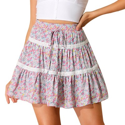 INSPIRE CHIC Women's Floral Print Elastic Waist Lace Trim A-Line Tiered Ruffle Mini Skirt