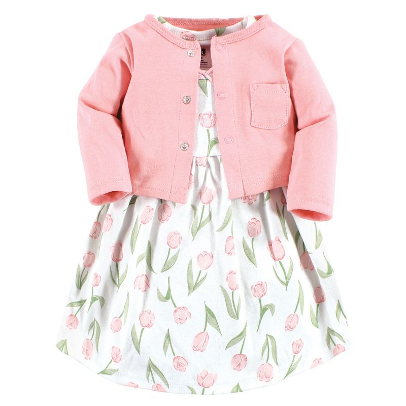 Hudson Baby Infant and Toddler Girl Cotton Dress and Cardigan Set, Pink Tulips, 1 of 6