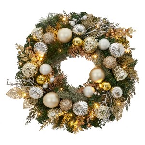 24 In Christmas Wreath for Front Door, Pre-Lit Christmas Wreath with Xmas Ball for Door Fireplace Wall Window, Indoor Outdoor Christmas Decor - 1 of 4