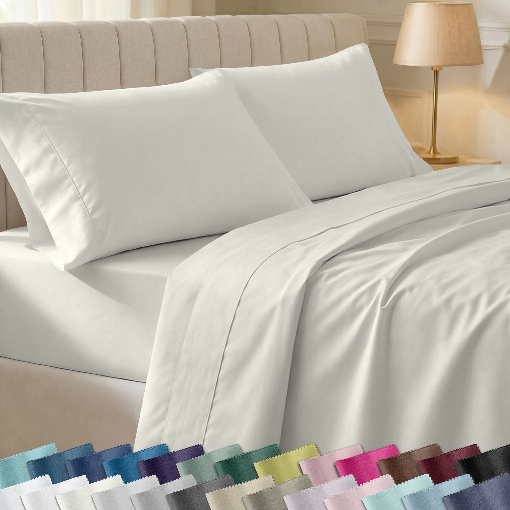 King Size Sheet Set - 100% Cotton 400 Thread Count, Sateen, Soft Sheets, Deep Pocket 4 Piece Bedding by California Design Den - Ivory (Pale Tone)
