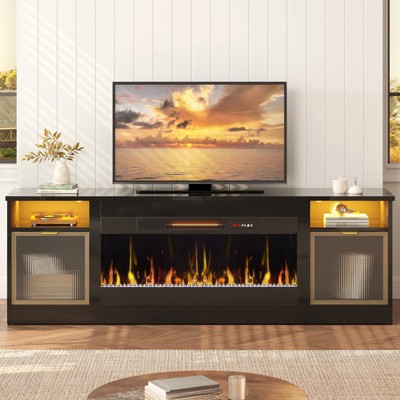 Bestier 70'' Electric Fireplace TV Stand, High Gloss Entertainment Center for TVs up to 80 inch with LED Lights & Storage Cabinets