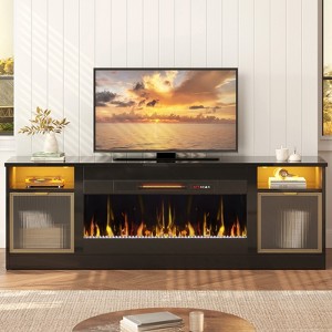 Bestier 70'' Electric Fireplace TV Stand, High Gloss Entertainment Center for TVs up to 80 inch with LED Lights & Storage Cabinets - 1 of 4