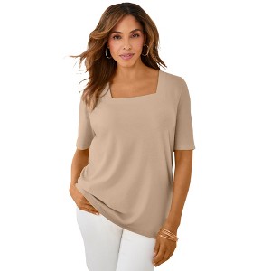 Jessica London Women's Plus Size Stretch Cotton Square Neck Tee - 1 of 4