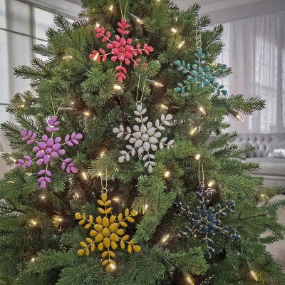 6-Piece Multicolor Beaded Snowflake Ornament Set with Gold Wire Frame