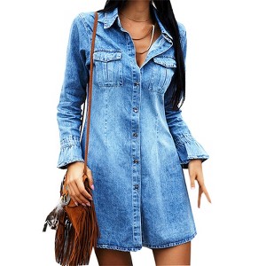 long sleeve denim dress target Allegra K Women's Belted Long Sleeves Button Front Denim Shirt Dress Blue Small