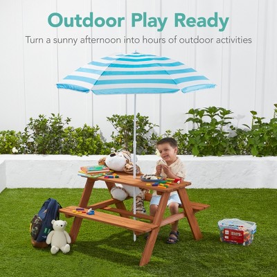 Golden Brown Fir Wood Kids Picnic Table with Aqua Umbrella