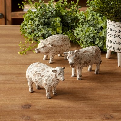 Distressed White and Brown Resin Farm Animal Figurines Set