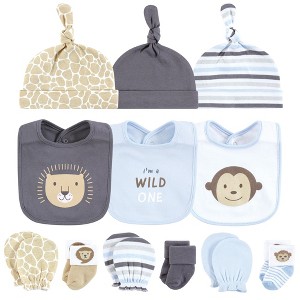 Hudson Baby Infant Boys Caps or Headbands, Bibs, Mittens and Socks 12pc Set, Safari, 0-6 Months - 1 of 4