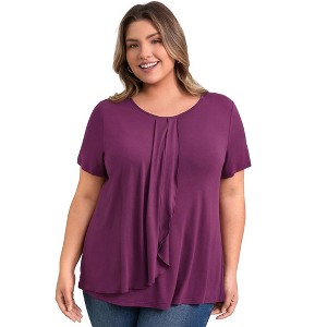 Women's Plus Size Pleated Short Sleeve Tulip Asymmetry Hem Overlaid Ruffle Blouses - GRACE & GRANDEUR - 1 of 4