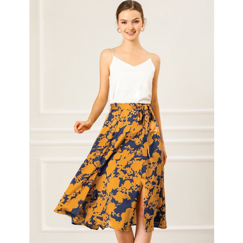 Allegra K Women's High Elastic Waist Belted Slit A-Line Midi Floral Print Skirt, 3 of 8