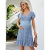 Coolmee Women Summer Maternity Mini Dress Smocked Casual V Neck Ruffle Short Sleeve Boho Dress for Baby Shower Photoshoot - 3 of 4