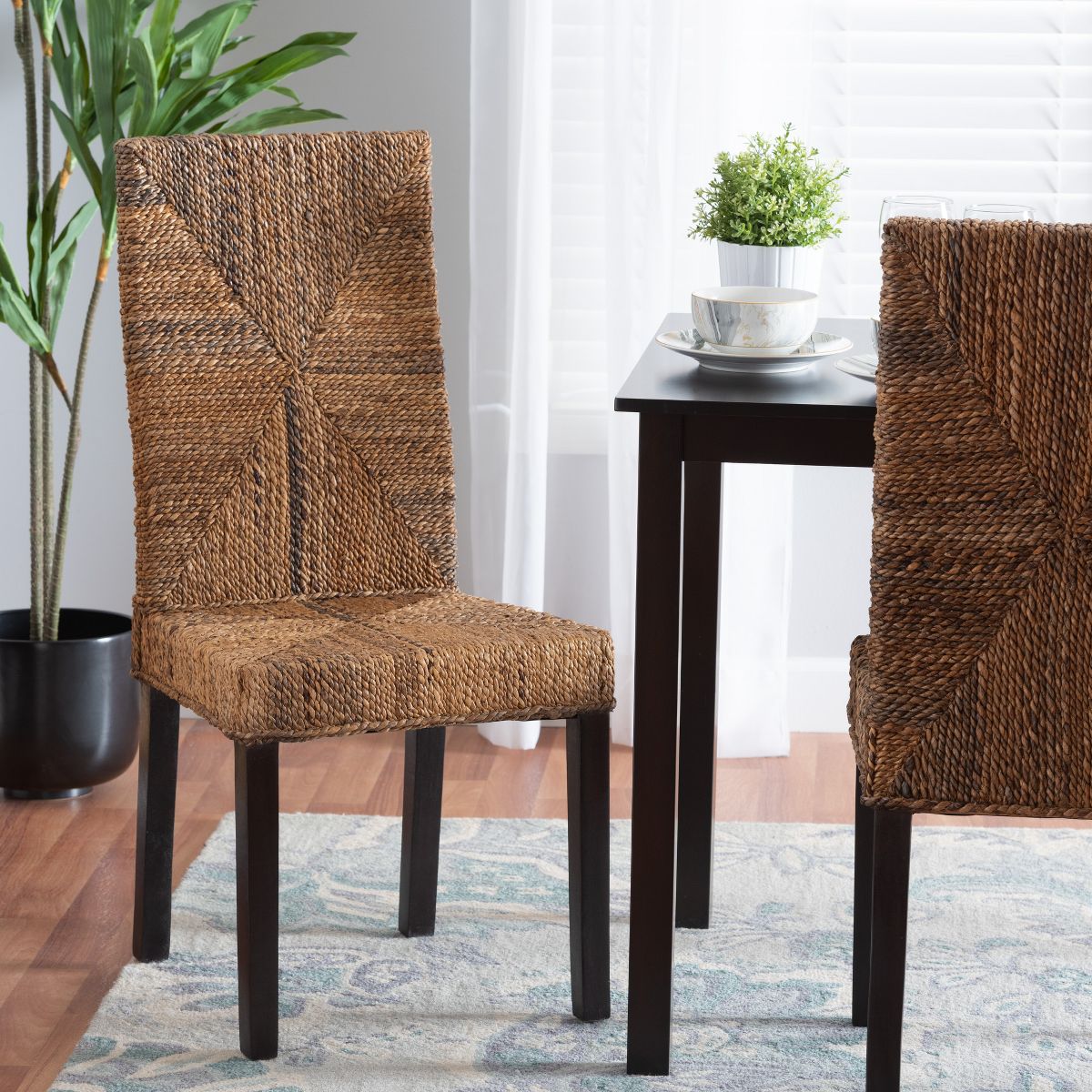 bali & pari Laymi Modern Bohemian Dark Brown Mahogany Wood and Seagrass Dining Chair