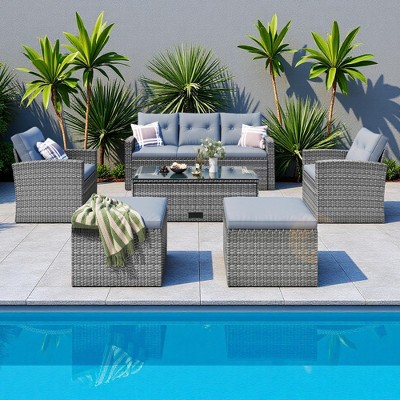 6-Pieces Outdoor Rattan Conversation Sofa Set with Coffee Table and 2 Ottoman