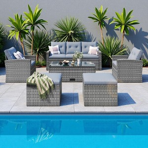 6-Pieces Outdoor Rattan Conversation Sofa Set with Coffee Table and 2 Ottoman - 1 of 4