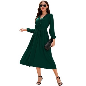 Clearlove Women's Casual V Neck Lantern Long Sleeve Ruffle Smocked Waist Tiered Midi A Line Dress - 1 of 4