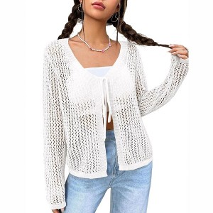 Womens Lightweight Crochet Cardigan Tie Front Shrugs Knit Cardigan Crop Tops Long Sleeve Mesh Sweaters Summer Beach Cover Up - White L - 1 of 4