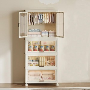 GustoWave 4-Tier Kids Wardrobe Closet - Portable Kids Closet with Doors & Wheels - Collapsible Baby Clothes Organizer with Hanging Rod & 10 Hangers - 1 of 4