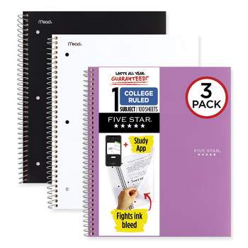Five Star Wirebound Notebook with Two Pockets, 1-Subject, Medium/College Rule, Assorted Cover Color, (100) 11 x 8.5 Sheets, 3/Pack Model No 820188