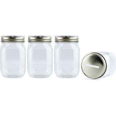 Cornucopia Brands Small Plastic Mason Coin Bank 16oz Jars, 4pk, w/ Slotted Lids