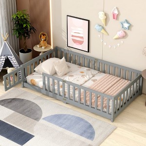 Twin Size Floor Bed with Fence and Door for Bedroom - 1 of 4