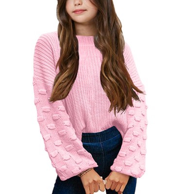 Girls Crewneck Knit Pullover Sweaters Long Lantern Sleeve Oversized Knit Cute Jumper Tops