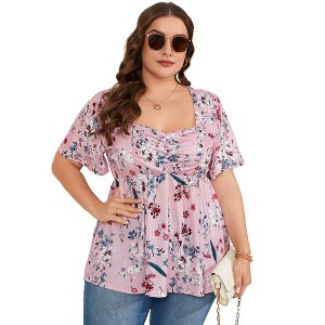 Garvee Women Plus Size Sweetheart Neck Tunic Tops Floral Short Sleeves Pleated Peplum Babydoll Casual Blouse T shirts - 1 of 4