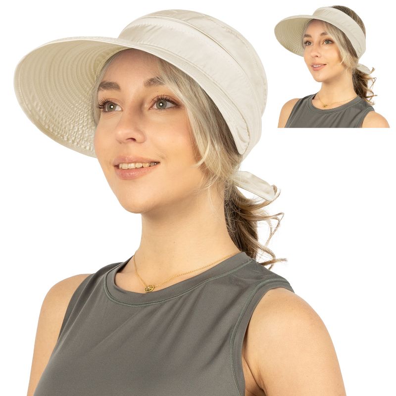 SUN CUBE Women Sun Hat for Outdoor UV Protection, Wide Brim Sun Hat Ponytail, Convertible Zip-Off Beach Hat Visor (Beige)