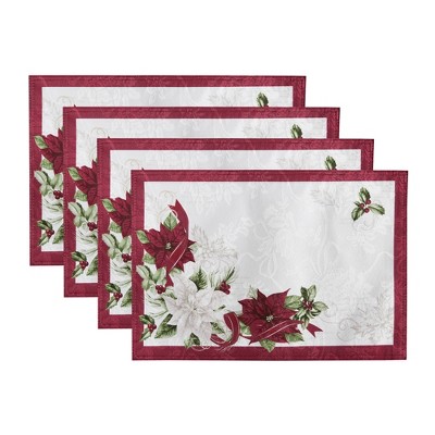Clarette Poinsettia Holiday Fabric Placemats, Set of 4 - Multicolor - 13x19 - Elrene Home Fashions
