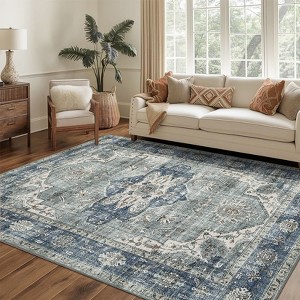 Washable Living Room Rug Vintage Rug Traditional Floral Distressed Accent Carpet Low Pile Non-Slip Floor Mat - 1 of 4