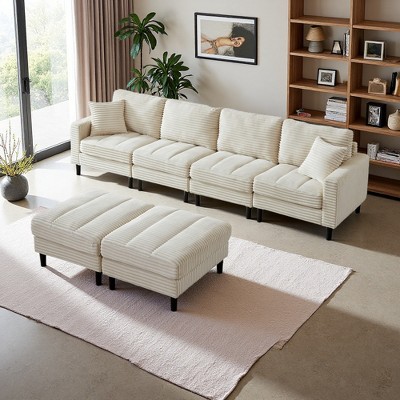 122.5" Corduroy U-Shaped Modular Sectional Sofa with Ottomans & Pillows