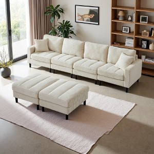 122.5" Corduroy U-Shaped Modular Sectional Sofa with Ottomans & Pillows - 1 of 4