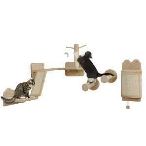 PawHut Cat Wall Shelves, 4pc Corner Design Cat Wall Furniture with Scratching Post, Scratching Board, Perches, Cat Wands & Toy Ball, Beige - 1 of 4