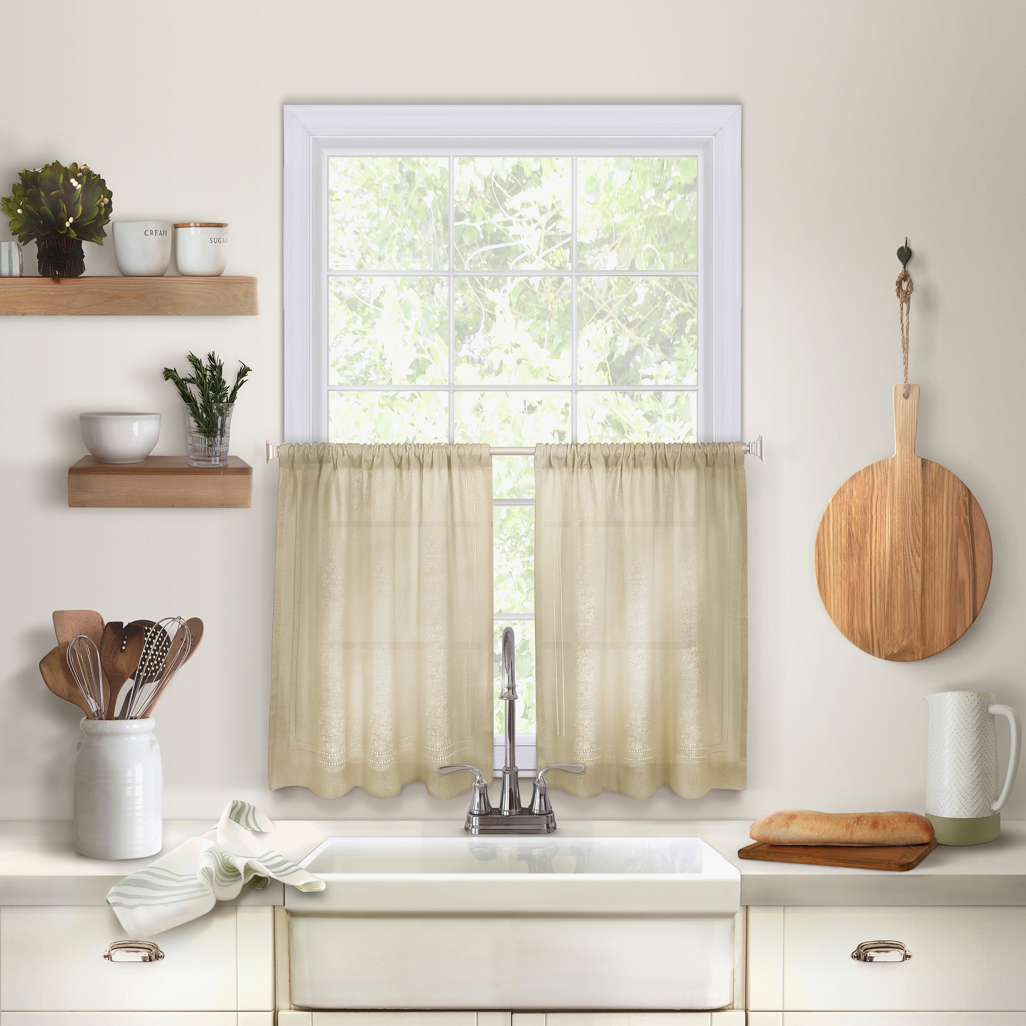 Cameron Linen Rod Pocket Kitchen Tier Window Curtain Set of 2 - 30" x 24" - Linen - Elrene Home Fashions