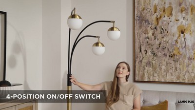 Rayne Black and Gold Adjustable Arc Floor Lamp with Frosted Glass Shades