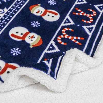 Blue Christmas Snowman Sherpa Fleece Reversible Throw Blanket