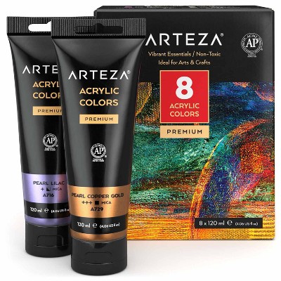 Arteza Acrylic Artist Paint Set, Metallic, 120ml Tubes, Vibrant Essentials, Non-Toxic - 8 Pack