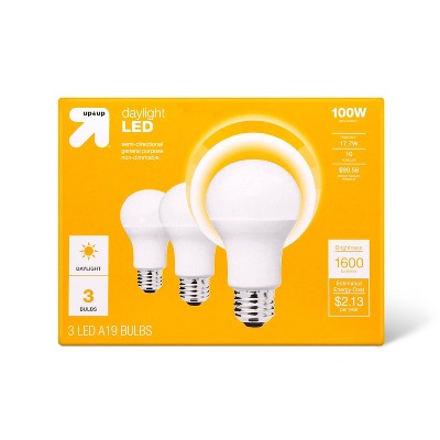 LED 100W 3pk DaylightLight Bulbs - up&up™: 1500 Lumens, 5000K, A19, E26 Base, 10-Year Life, General Purpose