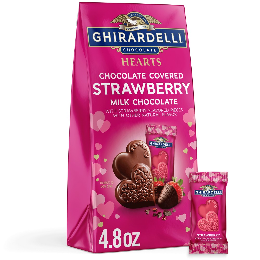 Ghirardelli Valentine's Chocolate Covered Strawberry Milk Chocolate Hearts Bag - 4.8oz and  Ghirardelli Valentine's Chocolate Covered Raspberry cheesecake Hearts Bag - 4.8oz