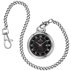 Bulova Classic Pocket Watch 3-Hand Date Quartz Stainless Steel, Black Dial with Detachable Chain - 1 of 4