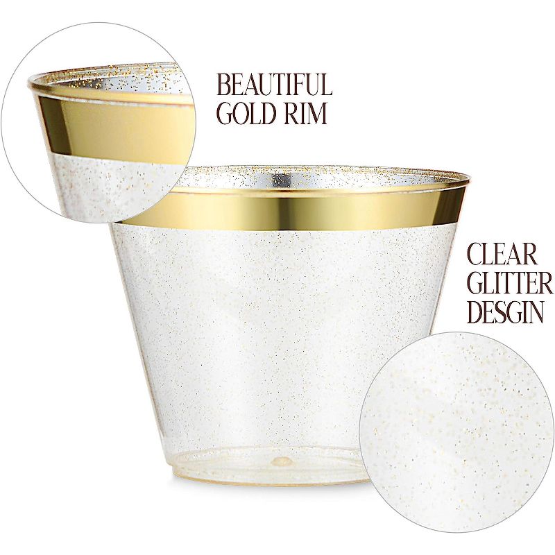 Chateau Fine Tableware 100 Pack 9Oz Plastic Cups Gold Glitter With A Gold Rim - Premium Disposable Party Cups - Elegant And Classy Sturdy Cups, 3 of 7