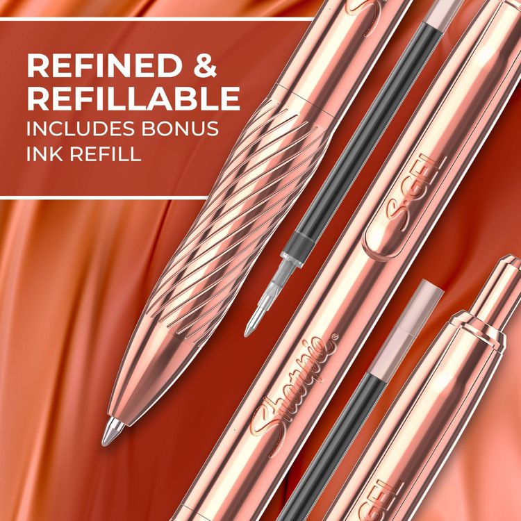 Rose gold colored pen with a textured grip and visible ink refill, alongside the text "REFINED & REFILLABLE INCLUDES BONUS INK REFILL."