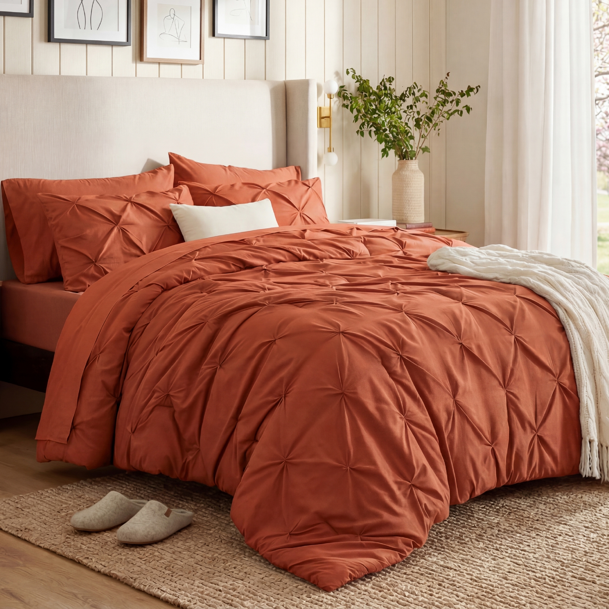 Bedsure Bed in a Bag Comforter Set with Sheets, 7pcs Solid Diamond Pintuck All-Season Bedding, Soft Burnt Orange King Bedding Set, Gift for Family
