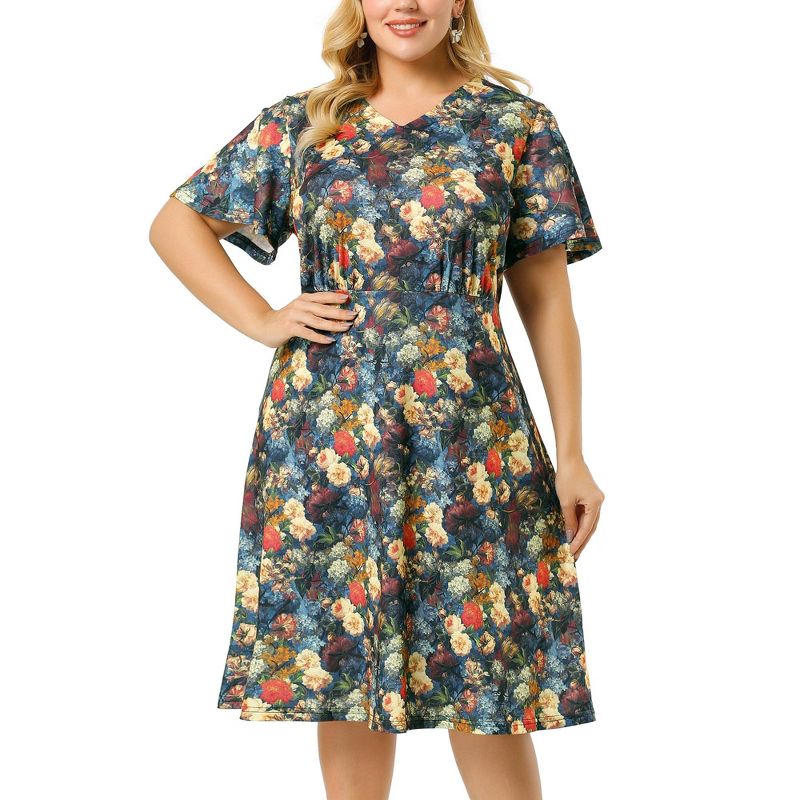 Agnes Orinda Women's Plus Size Regular Fit Elegant Short Sleeve Floral Pattern Dress, 1 of 8