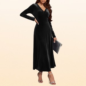 empire waist dress long sleeve EadianDree Womens Velvet Maxi V Neck Elegant Formal Evening Party Swing Long Dresses : Target 36.0 (91.5 cm) GARMENT Color:Silver/Ivory Prom dress sage green prom dress Burgundy Long Sleeves Pique